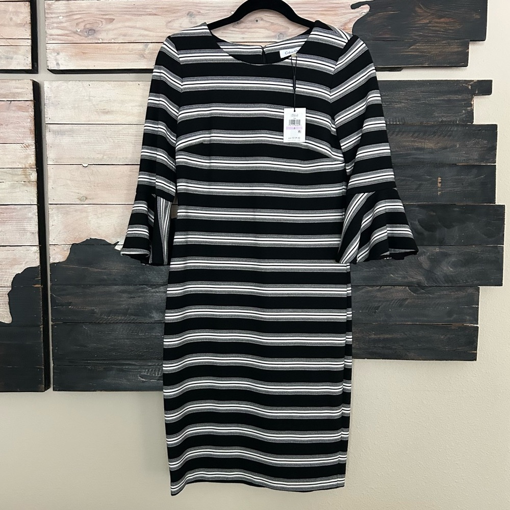 Calvin Klein Striped Bell Flutter Sleeve Sheath Dress